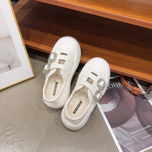 55-215夏季新品女真皮一直带水钻玛丽珍厚底小白休闲鞋增高6cm潮