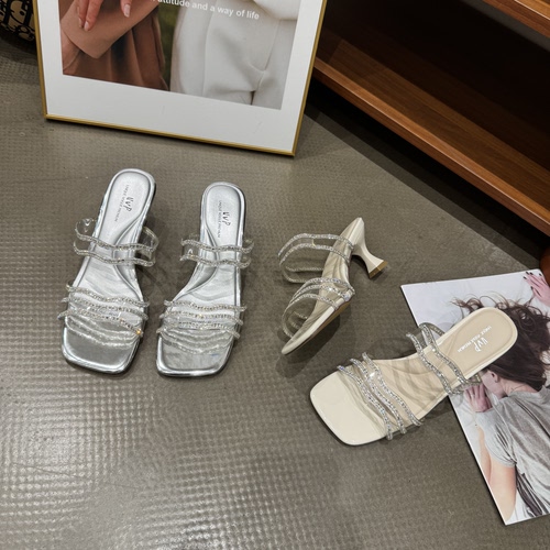 77-19夏季新品女一直带水钻高跟方头拖鞋时尚气质网红同款跟高6cm