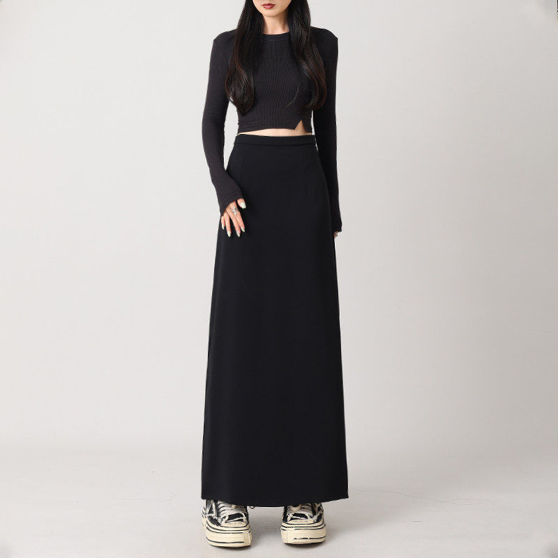 大尺码黑色长版半身裙女胖mm后开 叉长裙直筒显瘦包臀高腰西装裙