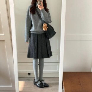 灰色毛呢短裙秋冬新款 胖妹妹mm遮胯显瘦半身裙小个子a字百褶中裙