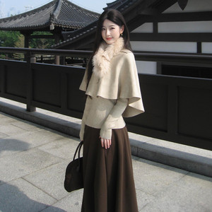 2026新款千金斗篷披肩针织内搭连衣裙子女早春高级感穿搭长裙套装