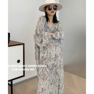 桑蚕丝连衣裙赫本风水墨印花高级感真丝长裙 慵懒气质通勤宽松法式