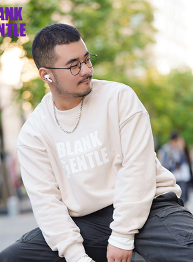 BlankGentle印花奶油灰圆领卫衣大码男生舒适运动休闲风美式校园