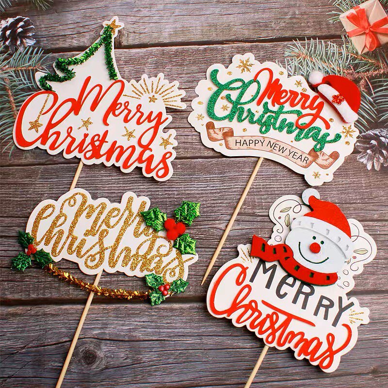 创意merry chirstmas雪人圣诞树蛋糕插牌 圣诞节主题派对装饰插牌