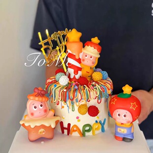 网红星星人蛋糕装饰摆件公仔软胶大小球甜品台插件生日快乐插牌