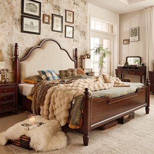 美式简约乡村核桃木全实木牛皮软靠包床1.8m高箱储物中古风床