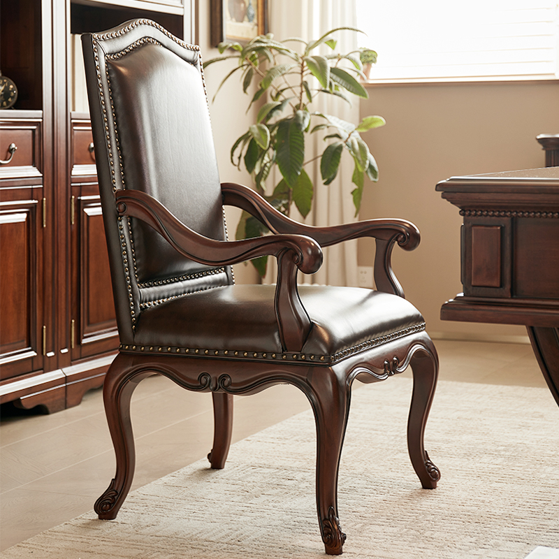 美式新古典实木牛皮书椅