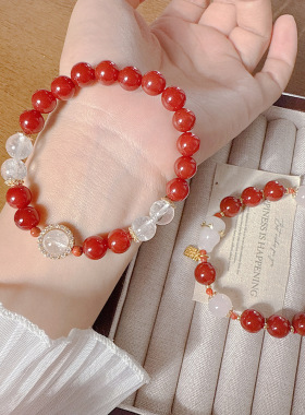 新中式南红玛瑙手链女简约时尚白水晶汉白玉葫芦串珠手串寺庙