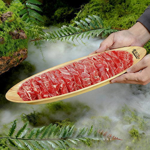 潮汕牛肉火锅仿木纹鲜牛肉盘船型长盘贵州酸汤火锅鲜切吊龙牛肉盘