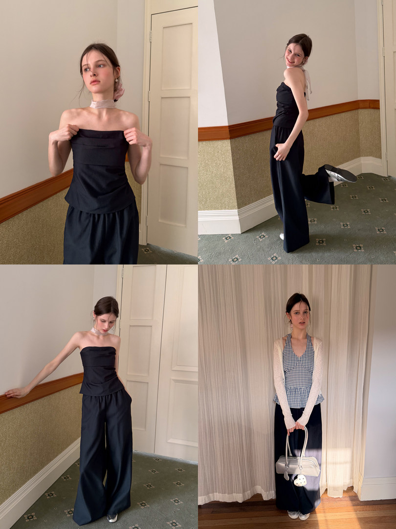 Collage of a woman modeling a black strapless outfit and a blue gingham top with wide-leg pants