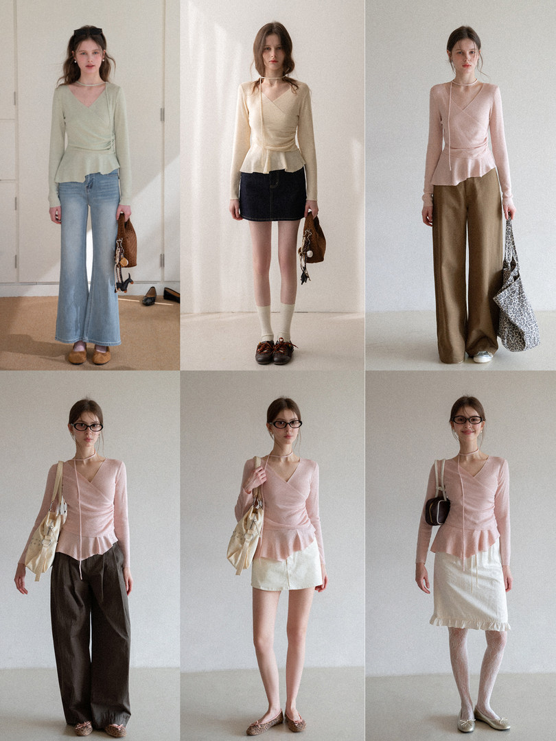 Collage of models wearing a fitted wrap-style long-sleeve peplum top in multiple colors