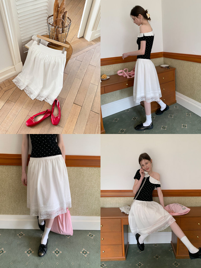 White midi skirt with lace trim shown laid flat and worn by a model