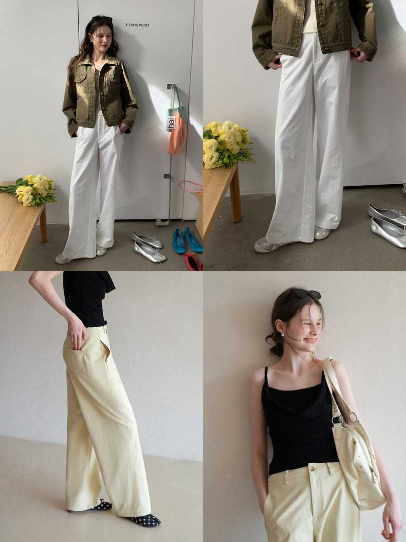 Collage of a woman modeling an olive jacket and cream wide-leg pants in a minimalist fitting room setting
