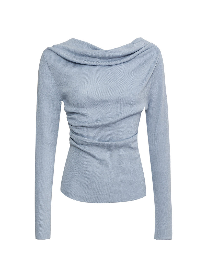 Light blue long-sleeve draped knit top on white background