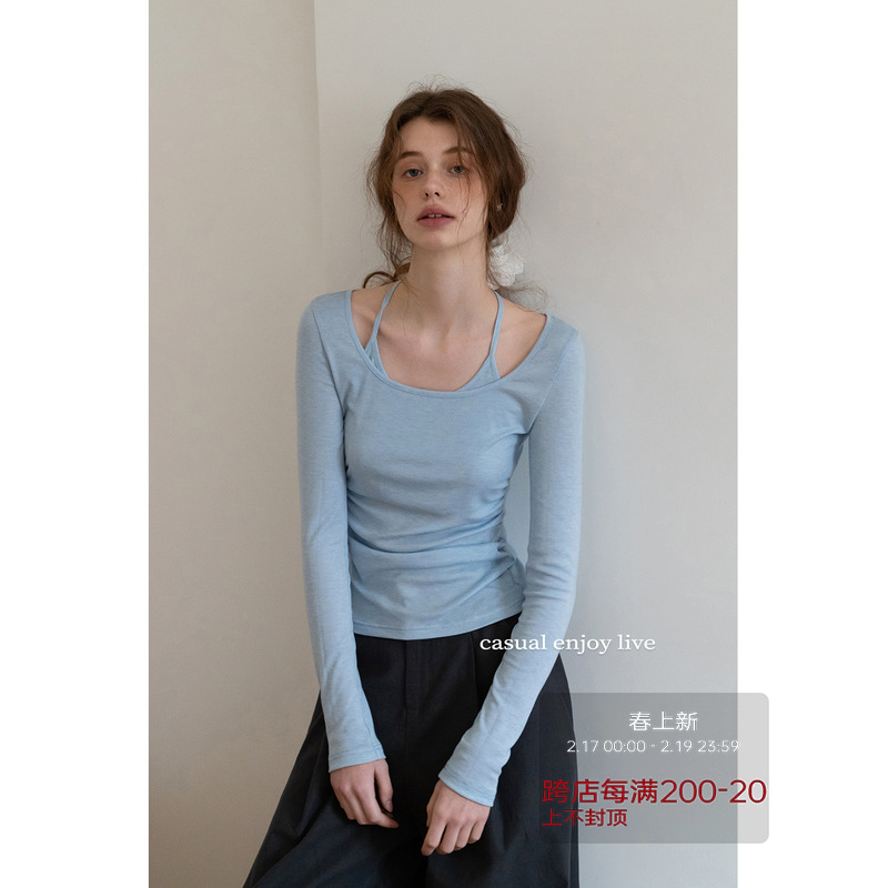 EGGKA极简风挂脖绑带假两件T恤女春季新款方领修身长袖显瘦上衣