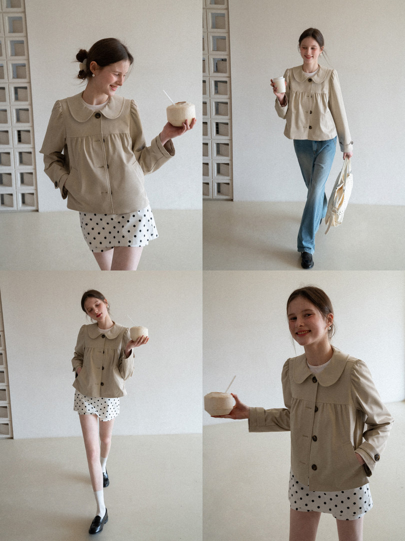 Model wearing a beige collared jacket with a polka dot mini skirt in multiple poses