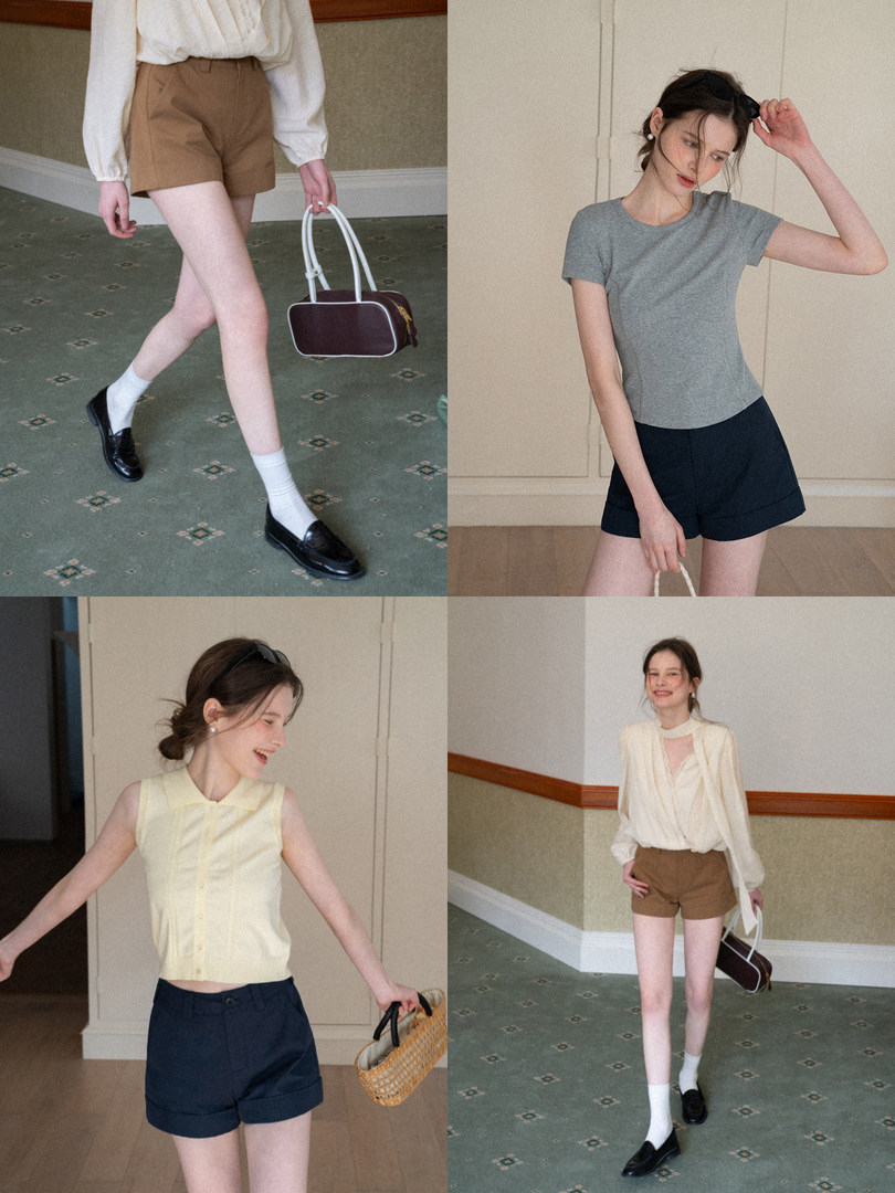Collage of a model wearing casual summer outfits with shorts, tops, loafers, and a small handbag