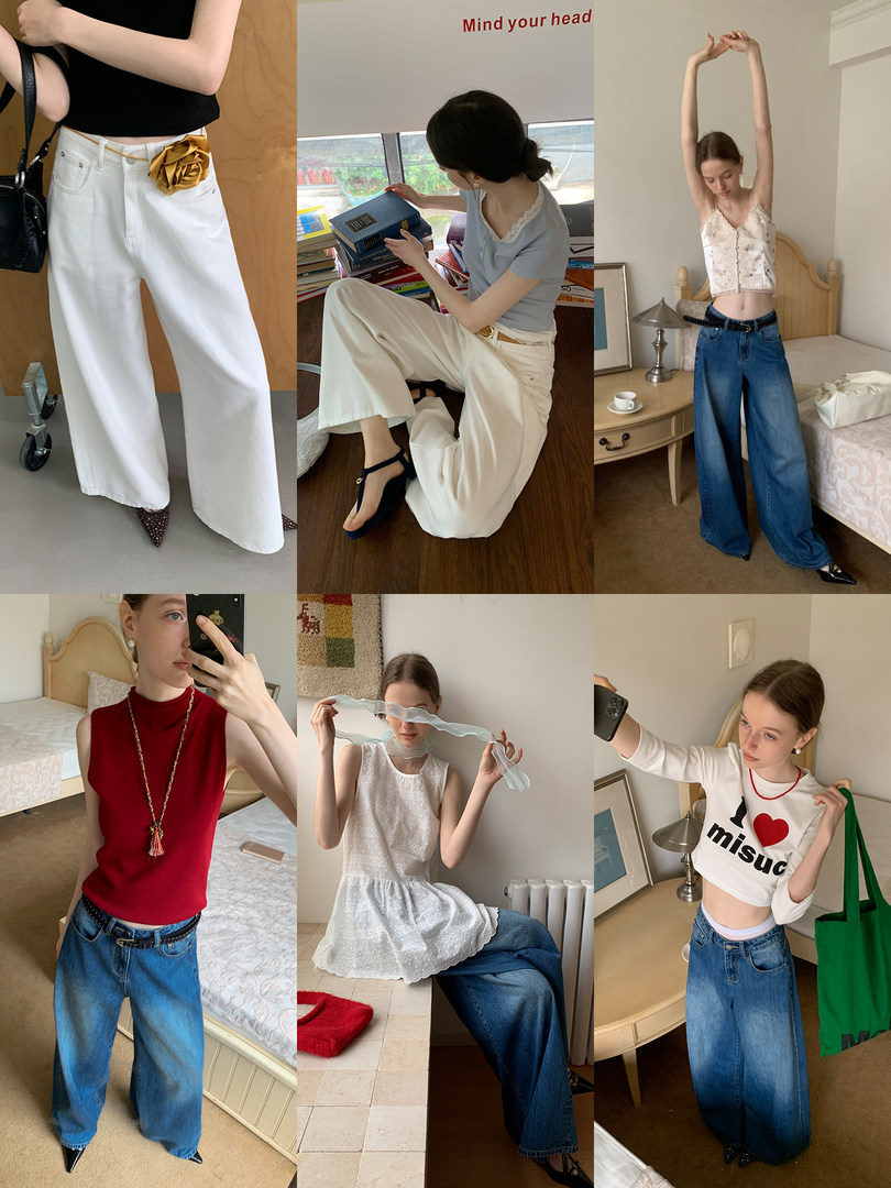 Collage of women’s casual outfits with tops and wide-leg jeans worn on models
