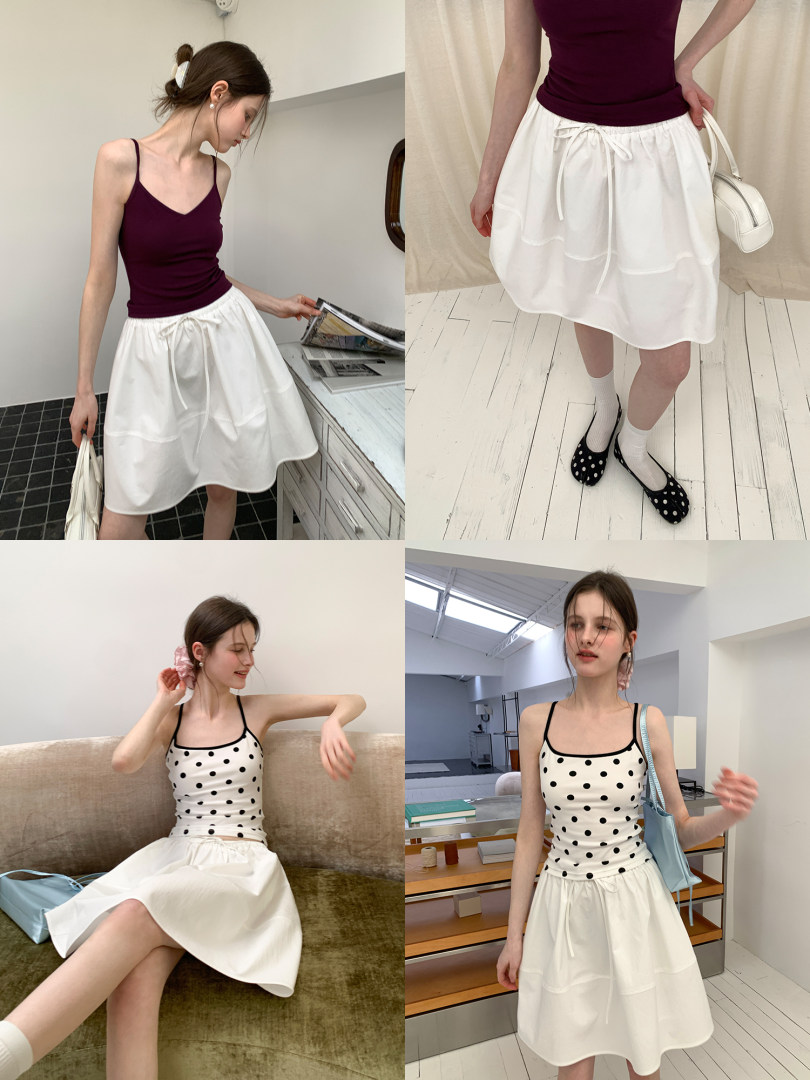 Models wearing a white flared skirt styled with camisole tops in different colors and patterns