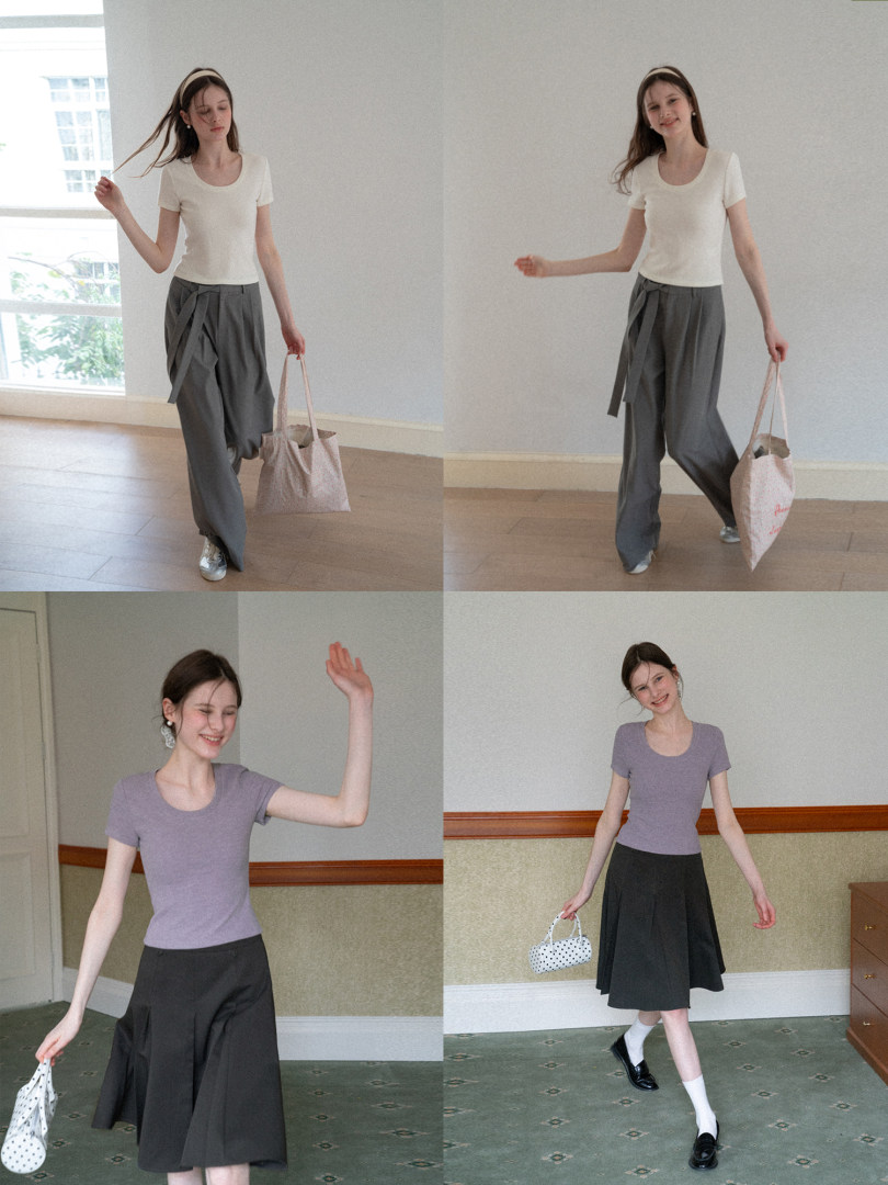 Collage of models wearing minimalist fitted tops with gray wide-leg pants and a black skirt