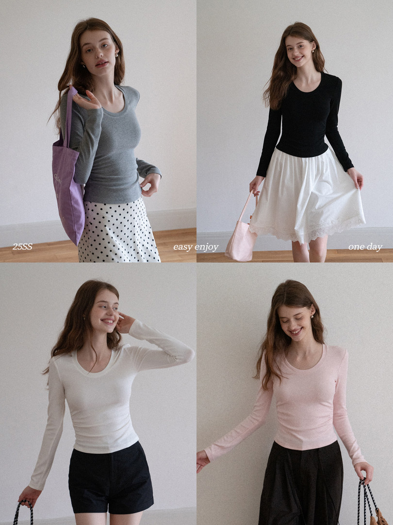 Collage of women modeling fitted long-sleeve tops and skirts/shorts in neutral colors