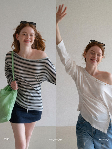 Two women modeling casual off-shoulder tops in striped and white styles with jeans and shorts