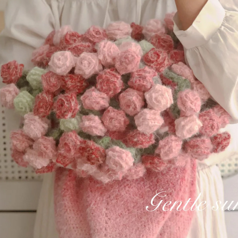 手工毛线diy渐变花束毯子材料包钩织尖角玫瑰毯子变花束创意礼物