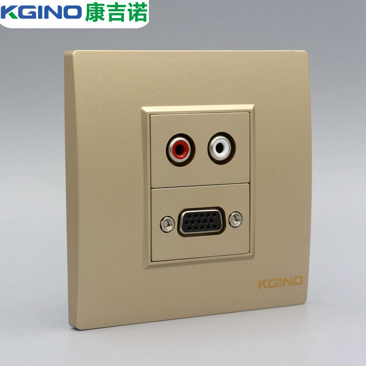香槟金色86型VGA带音频插座免焊VGA投影仪AV莲花音频开关面板插座
