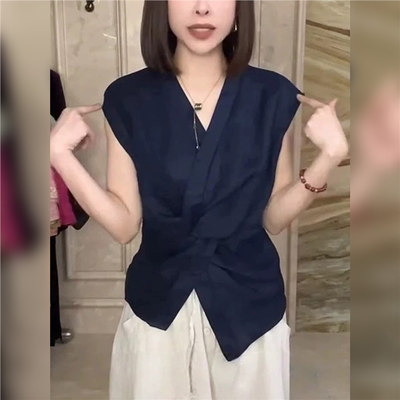 哥弟阿玛施同款2025夏季新款法式通勤百搭收腰简约v领扭结衬衫女