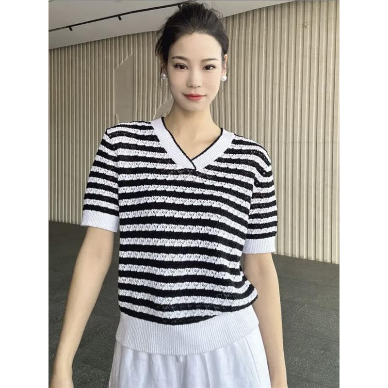 白领哥弟新V领短袖T恤女装2025夏季新款时尚休闲百搭条纹针织衫潮