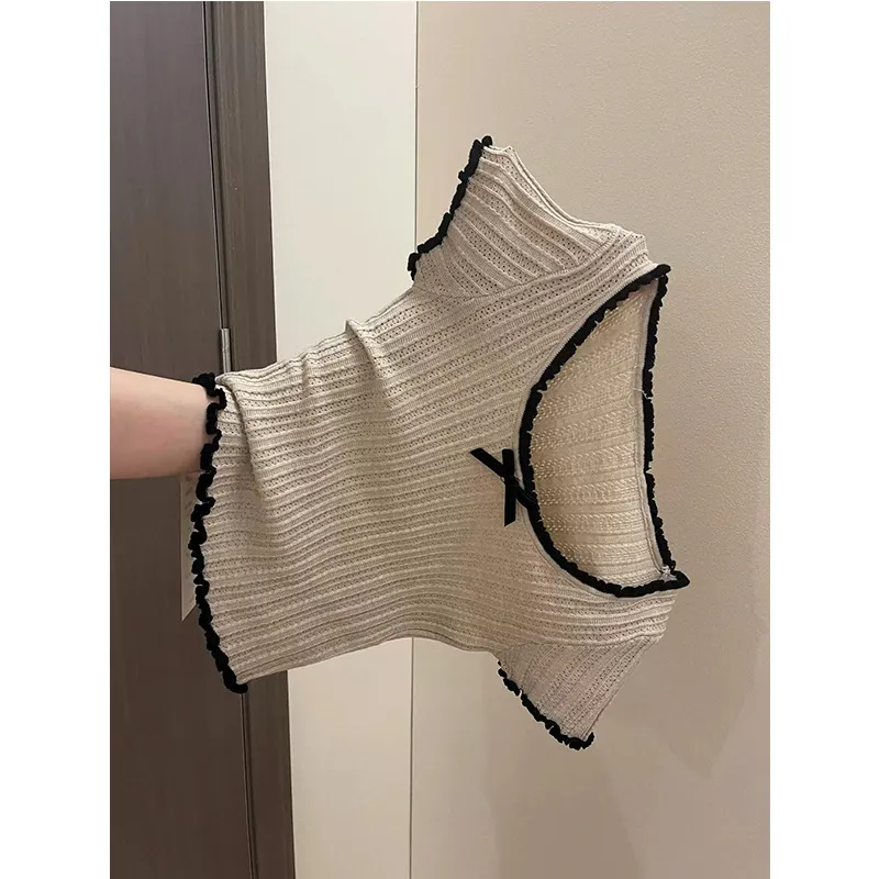 美式正肩撞色花边蝴蝶结冰丝针织短袖T恤女夏季紧身辣妹短款上衣