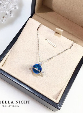 蓝色琉璃星球纯银镶锆钻生日吊坠