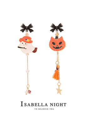 甜酷橙黑helloween精灵南瓜蝴蝶结耳环925银针万圣节显瘦中长耳饰