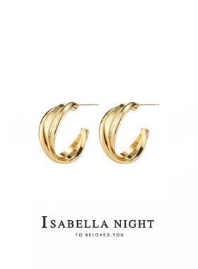 欧美风扭曲设计金属感C型耳环925银针配黑色西服耳圈男女上班耳饰