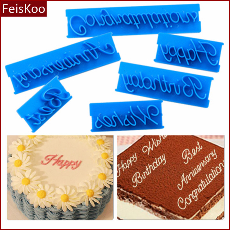 6件套生日快乐英文艺术字印花模手写体diy奶油蛋糕装饰塑料压花模
