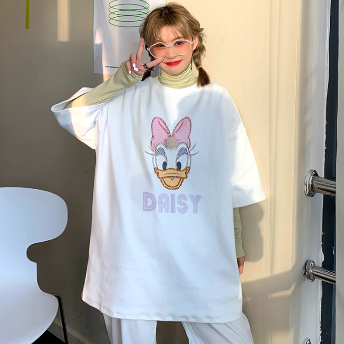 Summer 2021 Korean pin bead cartoon Donald Duck print loose and versatile short sleeve T-shirt