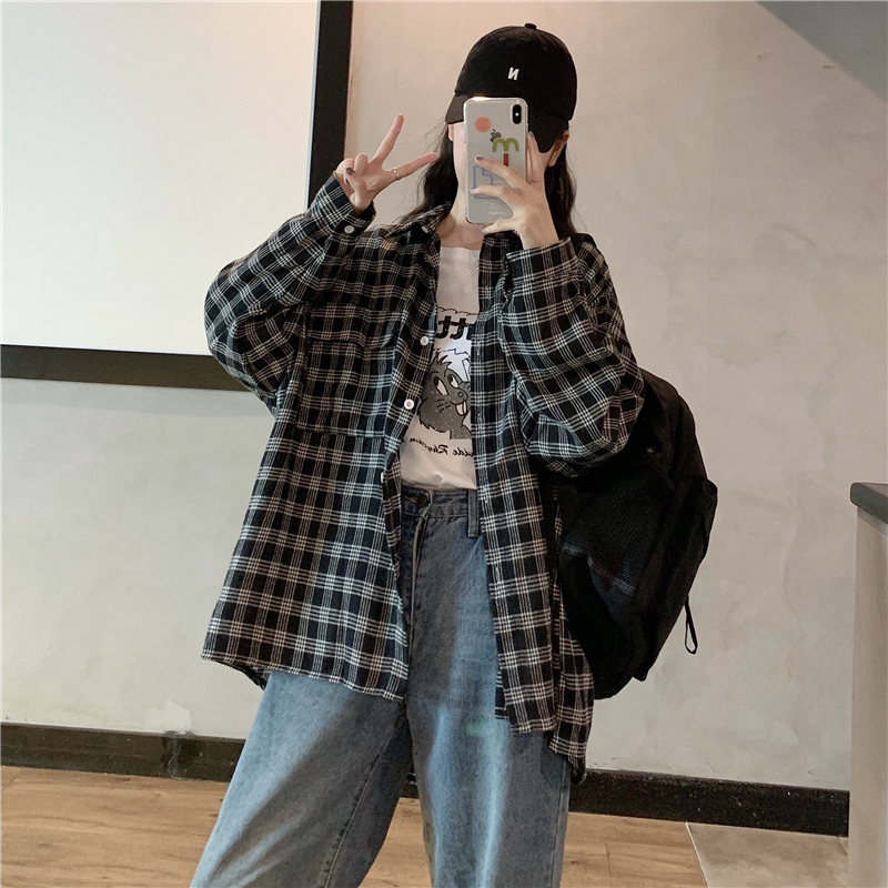 Real shot cotton polyester spring Plaid Shirt women's fashion cardigan pocket coat