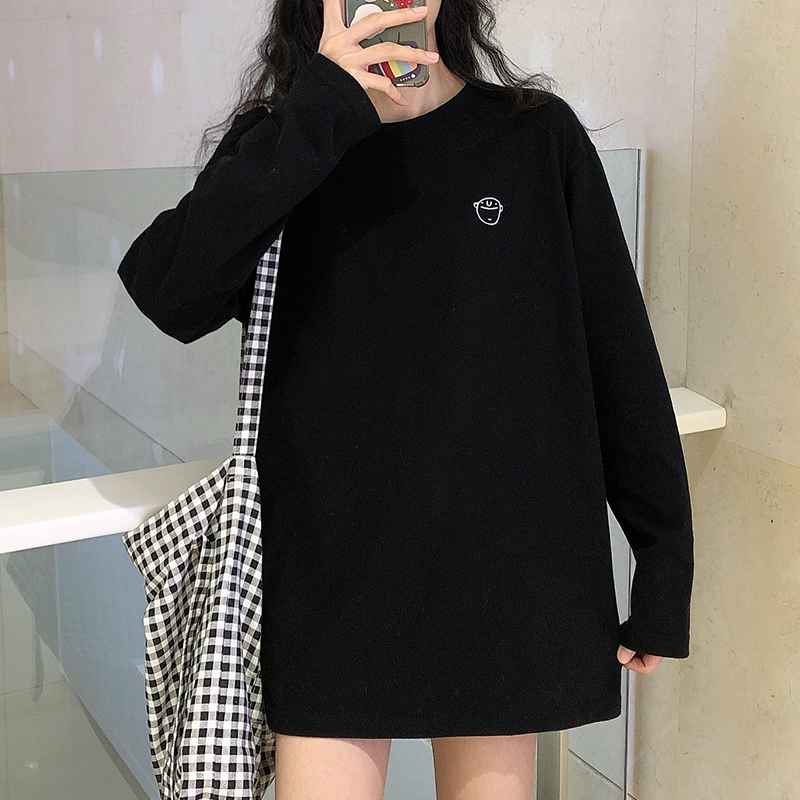 Real shot Korean new embroidery loose medium length versatile long sleeve T-shirt