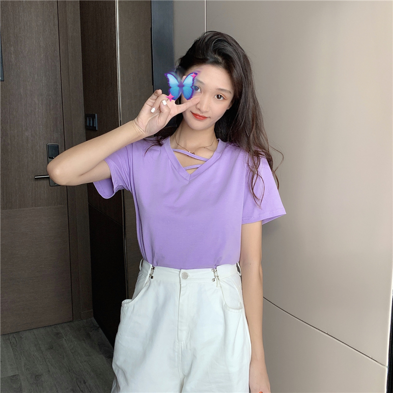 Real niche design light purple T-shirt women's loose V-neck short sleeve taro purple top