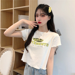 實拍木耳邊短袖T恤ins潮高腰露臍小眾上衣