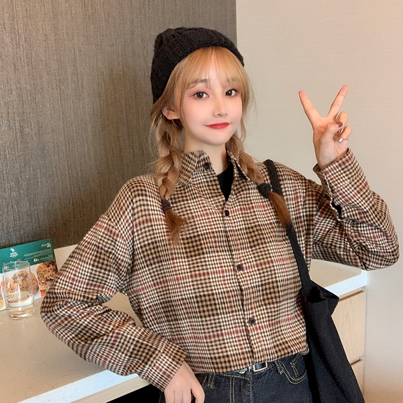 Real shot cotton collar shirt women's design sense small Hong Kong style retro Plaid top