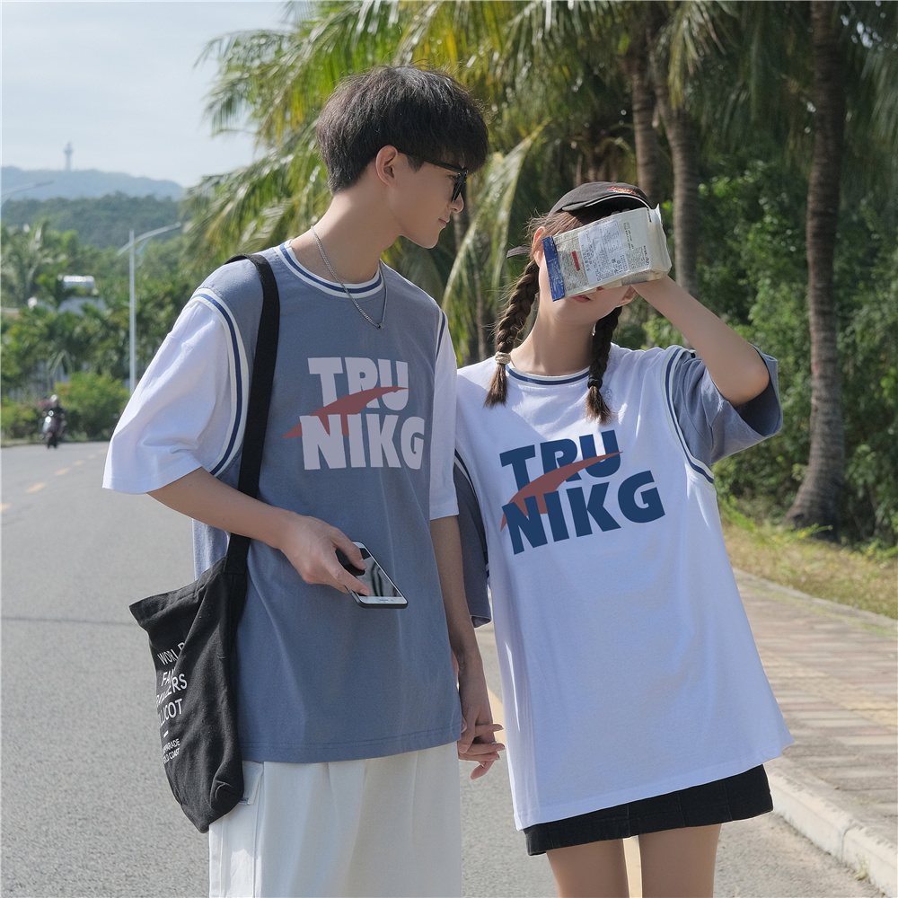 實拍夏季假兩件短袖T恤情侶裝字母半袖上衣服潮