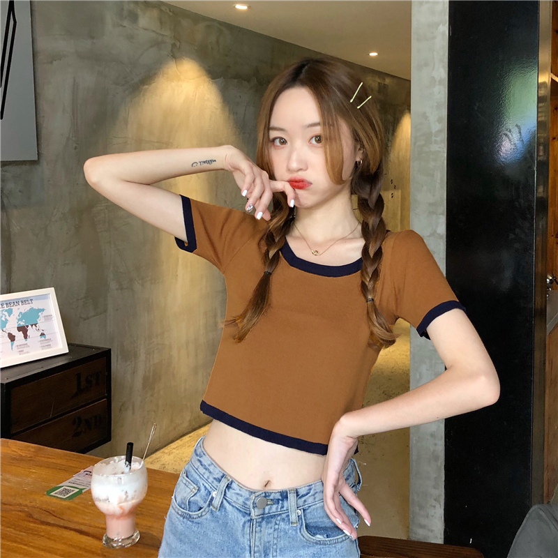 Real color contrast slim ice silk short sleeve T-shirt women's short purple