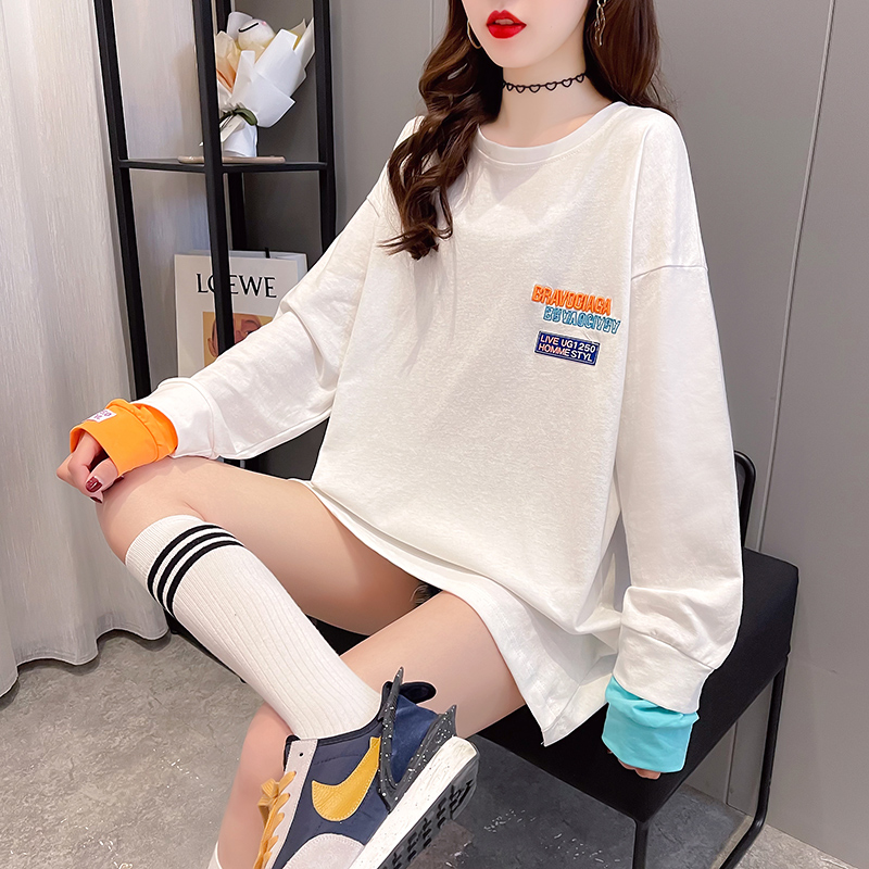 Real shooting long sleeve T-shirt women's spring and autumn Korean fake two new student top large women's clothes