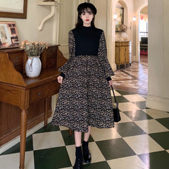 Real shot with inner lining Hepburn Style Floral dress, new waist slim splicing long skirt