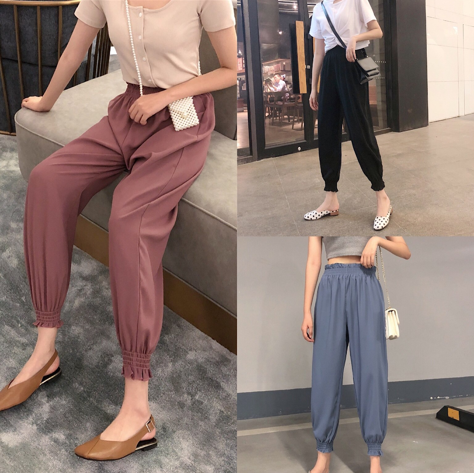 Harlem pants women's summer Chiffon versatile thin medium high waist Capris vertical straight bobbin pants