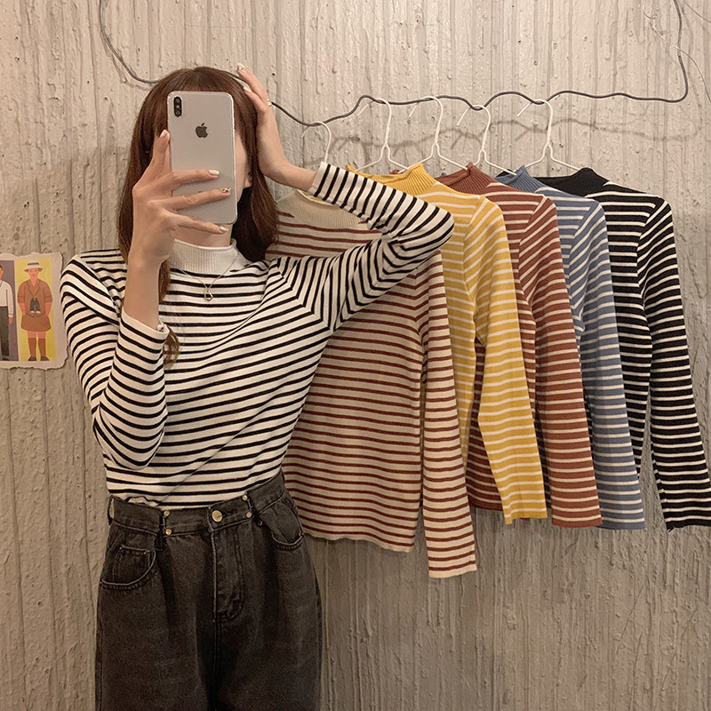 Real shot core spun yarn viscose nylon small high neck stripe slim fit versatile top