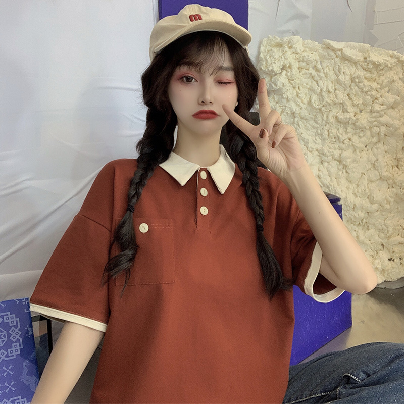 Cotton real time T-shirt women's new summer college style shirt loose short sleeve versatile top