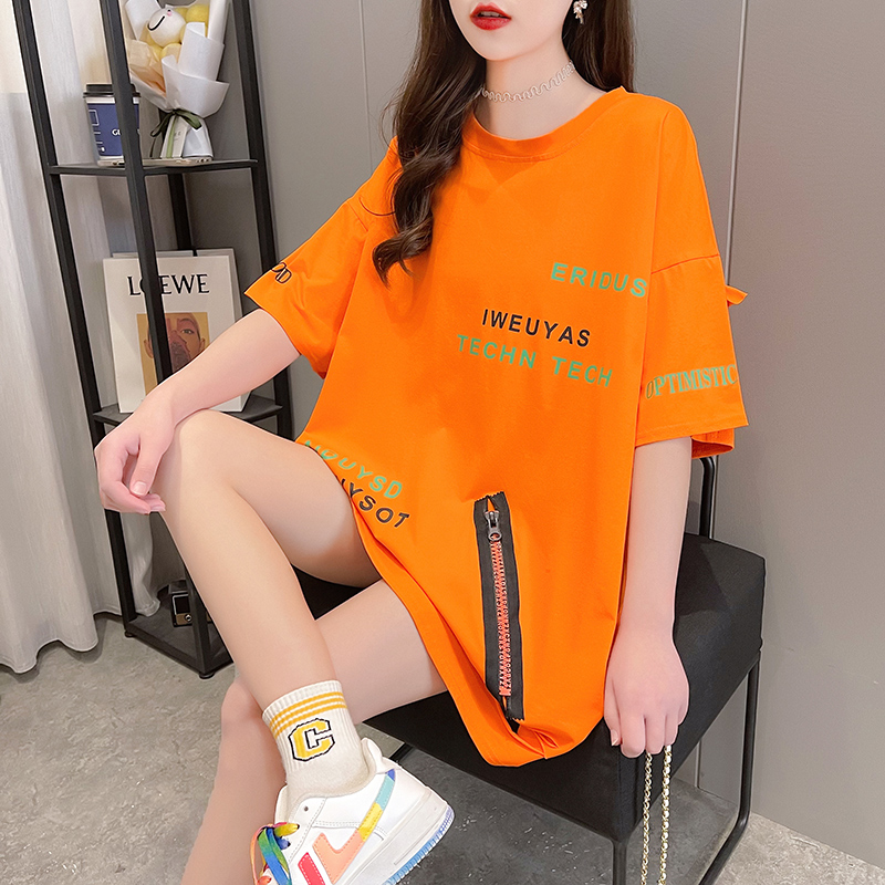 Real shot short sleeve T-shirt women's summer new Korean zipper medium length top large women's clothing