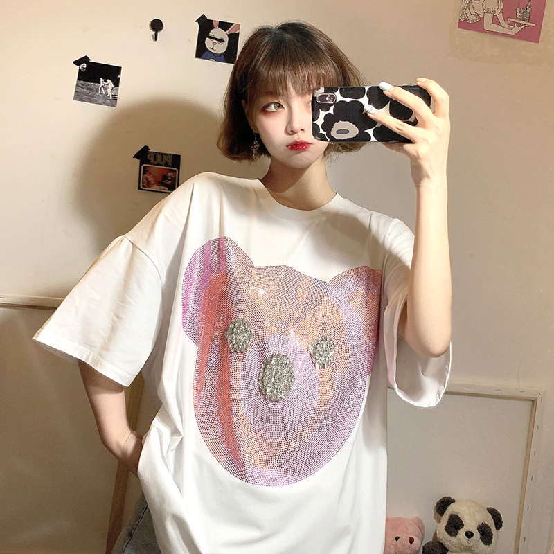 Real shooting 2021 summer cartoon T-shirt women's loose fit big bear hot diamond versatile short sleeve top fashion